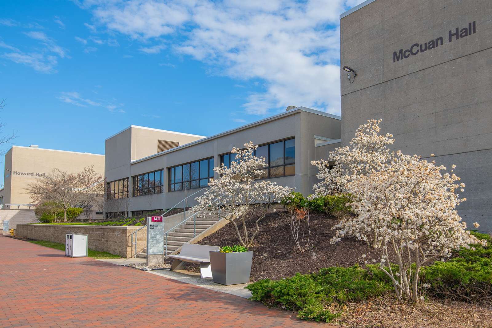 A bright, clear day on the campus of Howard Community College, featuring McCuan Hall in the foreground and Howard Hall in the background. The buildings are modern and concrete, with large windows. Blooming white trees and landscaped greenery line the walkway, and a red brick path runs alongside the buildings with benches and a sign marking McCuan Hall.