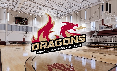 Howard Community College Dragons logo on top of the new gym