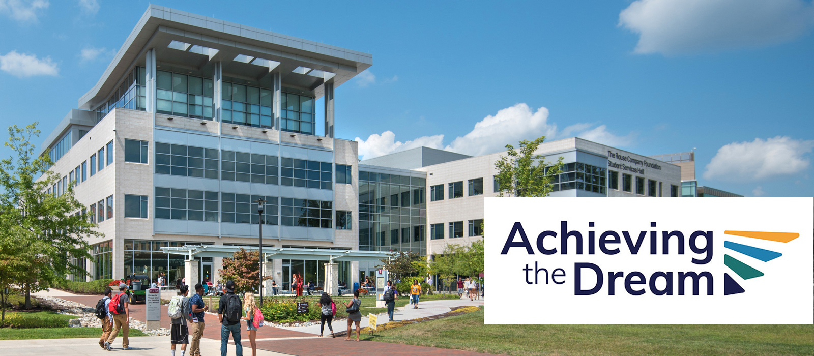 Campus beauty shot with Achieving the Dream logo