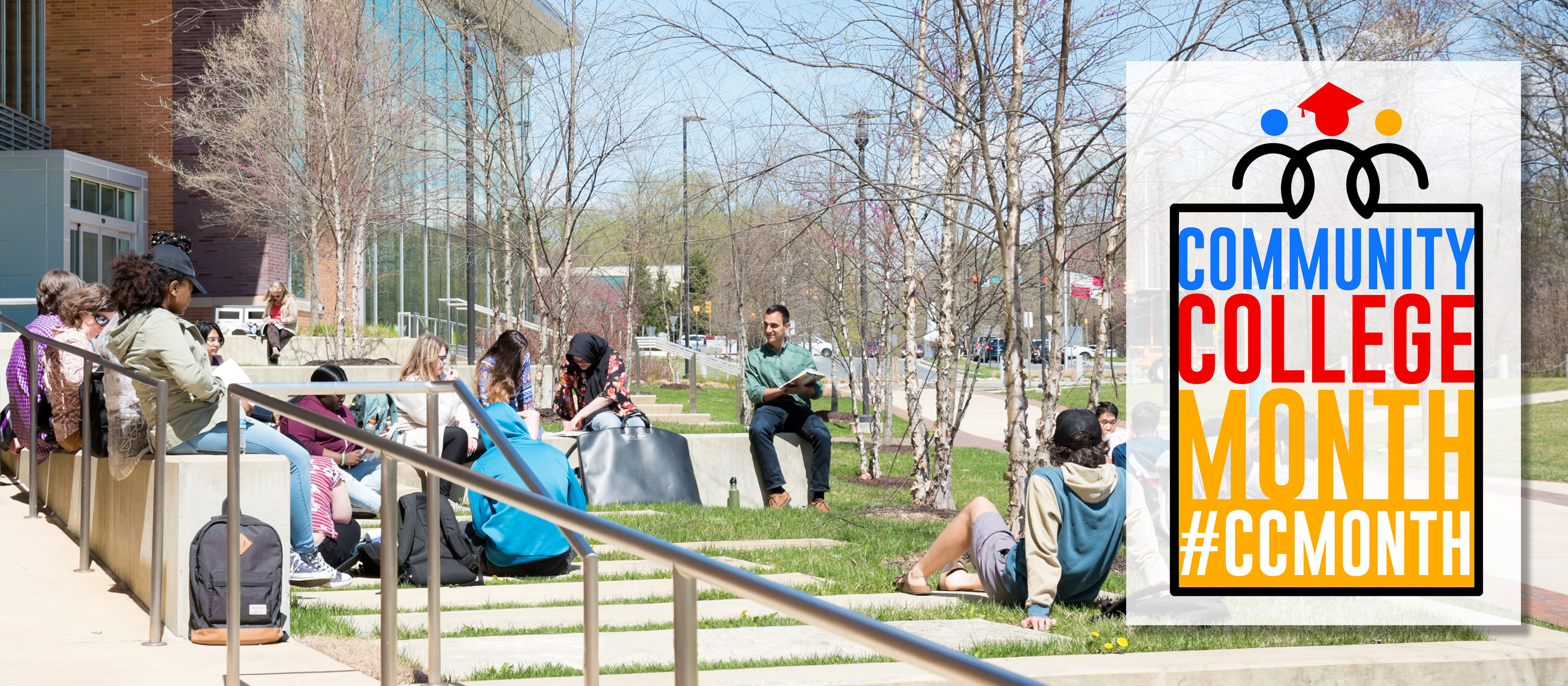 Community College Month logo with students sitting outside