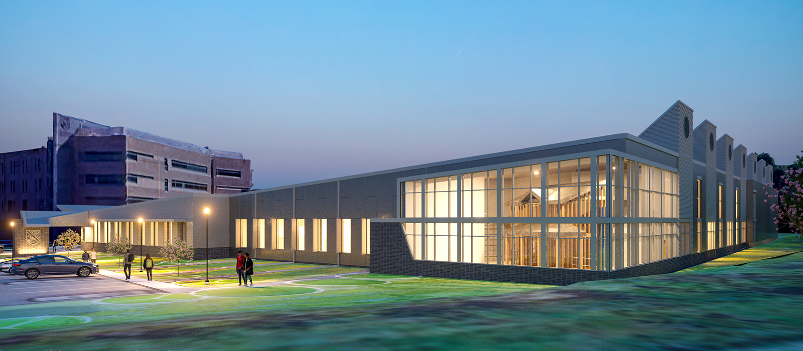 Workforce Development and trades center rendering at dusk
