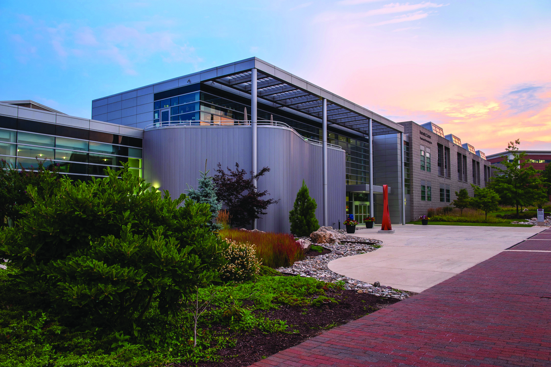 Horowitz Visual and Performing Arts Center building viewed from the Quad, featuring landscaped greenery
