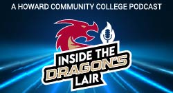 Inside the Dragon’s Lair podcast logo featuring a red dragon head, a microphone icon, and the text ‘A Howard Community College Podcast’ on a blue background with light streaks.