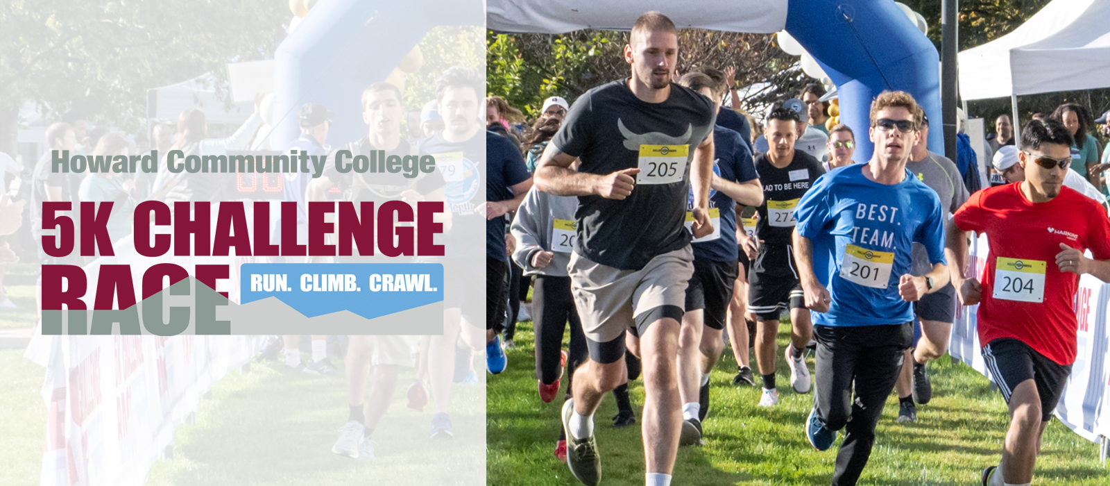 Several runners at the starting line with the words Howard Community College 5K Challenge Race. Run. Climb. Crawl.