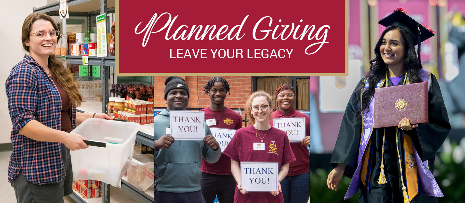 The words Planned Giving and Leave Your Legacy on a web header with three photos of HCC cohort groups
