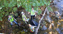 Several students with safety vests in a wooded area participating in an outdoor team building activity.