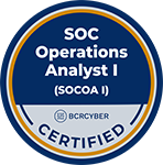 SOC Operations Analyst I (SOCOA I) certification badge by BCRCYBER, with a circular design and the word 'Certified' at the bottom.