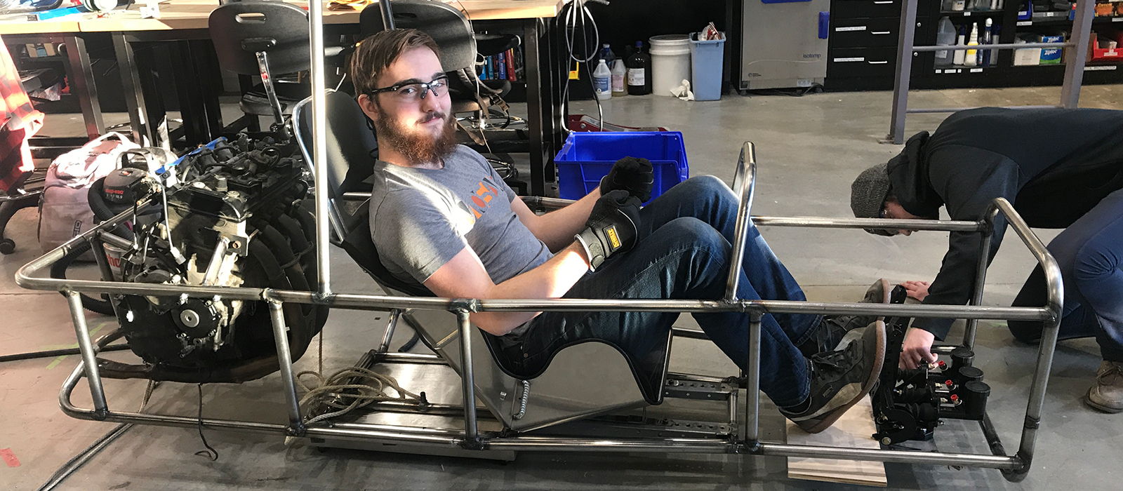 Student in the dragon racing chassis