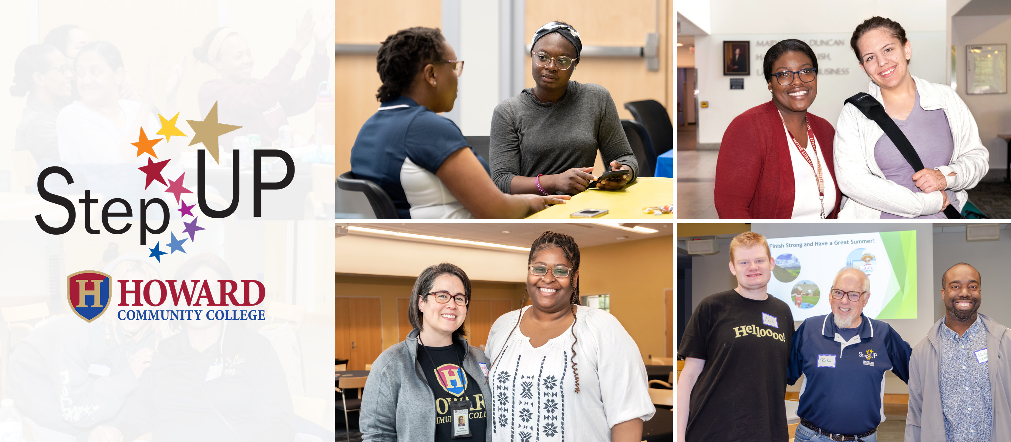 Howard Community College Step UP program banner featuring smiling students, mentors, and the program logo.